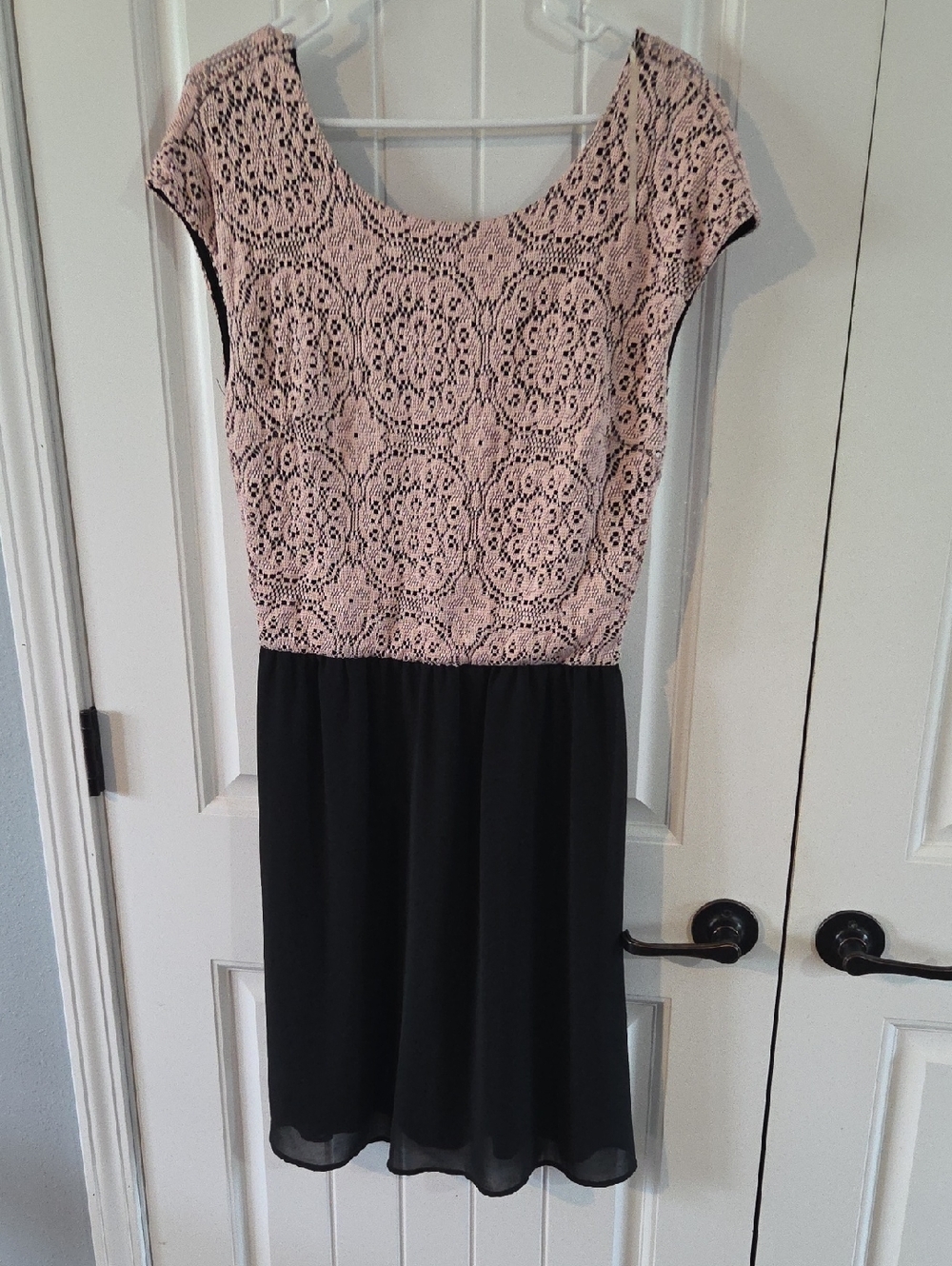 Cap-Sleeve Black and Blush Lace Dress